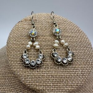 Silver Chandelier Earrings with Pearls & Crystals Fancy Wedding Bridal Statement